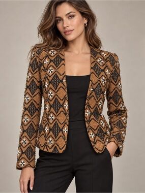 Women's Brown Patterned Diamond-Texture Blazer